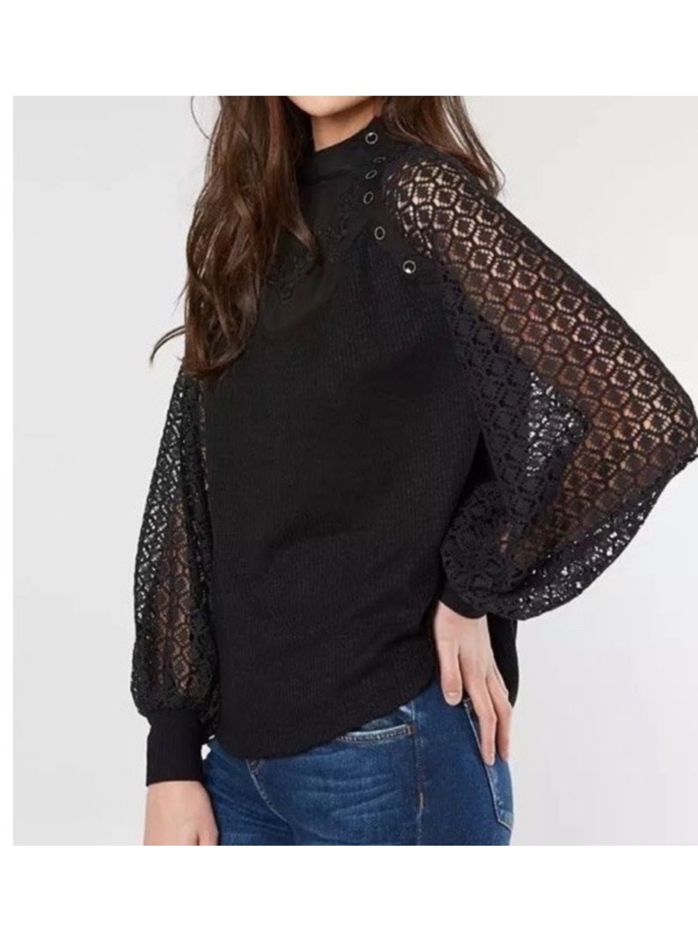 Free People | Sweetest Thing Black Lace Balloon Sleeve Snap Embroidered Top L
